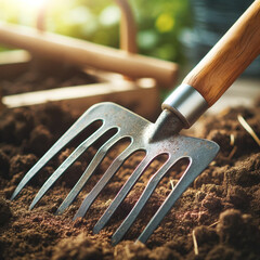 A photo of a sturdy garden fork with a wooden handle and metal prongs, placed outdoors, highlighting its durability for soil aeration and cultivation - obrazy, fototapety, plakaty