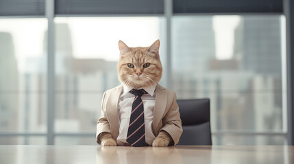 A cat executive wearing a formal business suit and tie in a conference room of an office for a meeting or interview. Professional boss. Generative AI.
