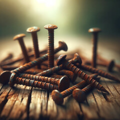 A sparse arrangement of rusty nails on an aged wooden surface, each nail featuring unique rust patterns and textures - obrazy, fototapety, plakaty