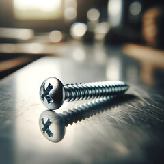 A photo of a thin screw with a flat head on a metal table, focusing on the screw and its reflection in the metal - obrazy, fototapety, plakaty