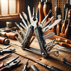 A photo of a versatile multi-tool for DIY projects, with tools such as pliers, screwdrivers and knives, on a wooden workbench