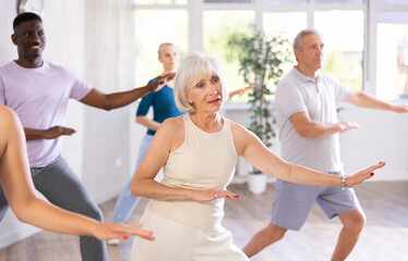 Obraz premium Elderly woman and mature students are engaged in dance class or fitness room with active jazz music. Hobby, healthy lifestyle concept