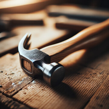 A clean, simple image of a hammer with a wooden handle and metal head