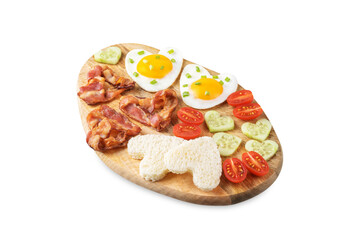 Fresh breakfast with fried eggs, fried bacon slices, bread slices and vegetables in the form of heart for Valentine's day holiday on a white isolated background