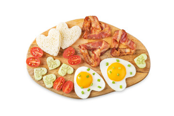 Fresh breakfast with fried eggs, fried bacon slices, bread slices and vegetables in the form of heart for Valentine's day holiday on a white isolated background
