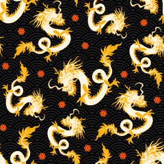 Chinese, Japanese Asian style golden dragon and red flowers seamless pattern, poster, card, background design. Chinese new year, Year of the dragon 2024