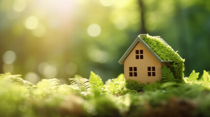 Miniature eco toy house background in green environment with free place for text. Young family, real estate industry