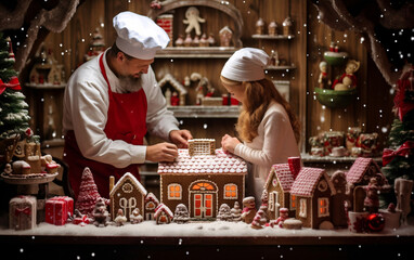 Fototapeta na wymiar Happy family, father and daughter decorate Christmas gingerbread house together, Christmas and New Year traditions in family