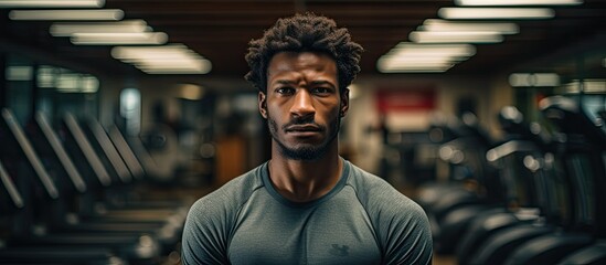 An African man at the gym, with curly hair and wearing sportswear, appears skeptical, nervous, and upset due to a problem, making him a negative person. - obrazy, fototapety, plakaty