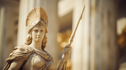 Ancient Greek goddess Athena Pallas statue in front of the Parthenon. Marble woman in helmet sculpture. - obrazy, fototapety, plakaty