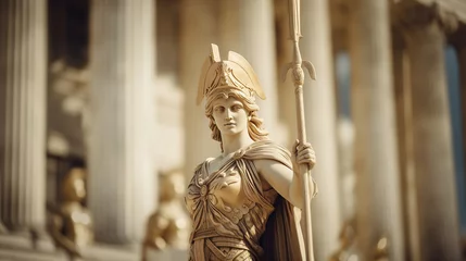 Fotobehang Ancient Greek goddess Athena Pallas statue in front of the Parthenon. Marble woman in helmet sculpture. © Andrej