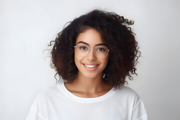 Close up studio shot of beautiful young mixed race woman model with curly dark hair looking at camera with charming cute smile while posing against white blank copy space wall for your content - obrazy, fototapety, plakaty