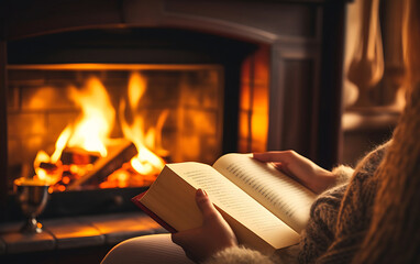 Woman reading a book by the fireplace in a cozy warm home close up, autumn vibe concept