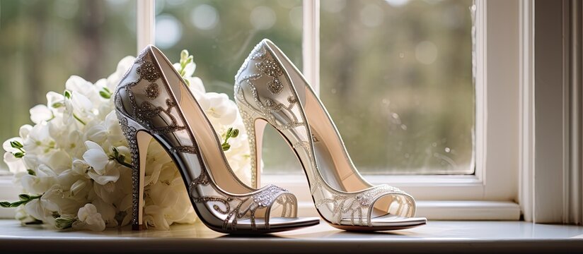 Elegant bridal shoes on a table by a glass window evoke anticipation.