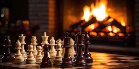 Chess pieces strategically placed on a board, with the warm glow of a fireplace in the background
