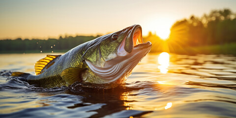 close-up portrait of a bass with its mouth open, set against the sparkling backdrop of a sunlit lake - obrazy, fototapety, plakaty