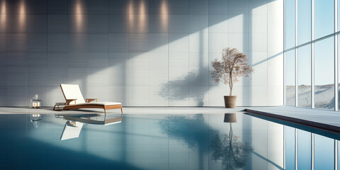 sleek indoor swimming pool set within a modern building, framed by walls of cool grey tones