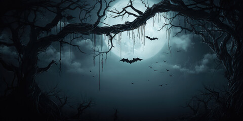 A lone bat hangs upside down from a branch in the dim light of a crescent moon