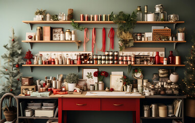 Craft room filled with lots of paper, Christmas tree and New Year's gifts, accessories and supplies for decorating gifts