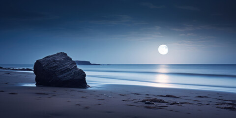 The peacefulness of a beach captured in a long exposure, with a rock standing under the soft light of a moonlit night - obrazy, fototapety, plakaty