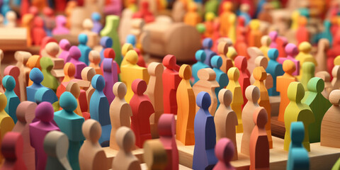 Obraz premium Wooden figures in bright colors, representing a bustling crowd in a market scene