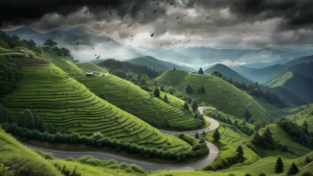 A winding asphalt road cuts through the lush green tea mountain, leading to a breathtaking panoramic view of the surrounding landscape.