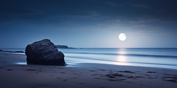 The peacefulness of a beach captured in a long exposure, with a rock standing under the soft light of a moonlit night