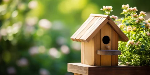 Tuinposter Tiny bird perches in a wooden birdhouse, nestled among the vibrant green leaves of a garden © Malika