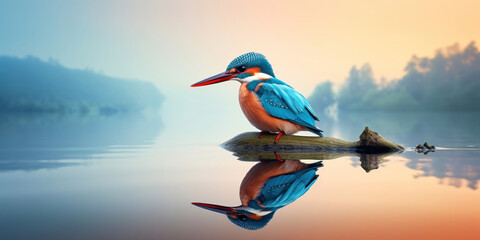 vivid kingfisher mirrored perfectly in the calm waters of a serene lake at dawn