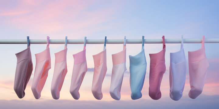 playful array of socks hanging under a pastel-colored dawn sky