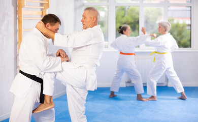 Older man and his coach practice painful blows during karate lessons