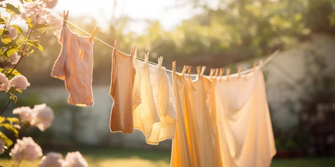 Fotobehang Laundry sways gently on a clothesline, bathed in the warm, golden sunshine of a backyard © Malika