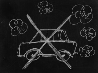 Icon no car, carbon dioxide hand draw chalk on chalkboard, blackboard texture