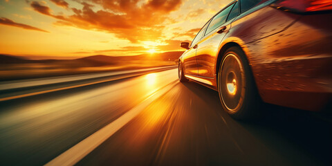 Fototapeta na wymiar The dynamic scene of a car speeding along a highway, set against the backdrop of a fiery sunset