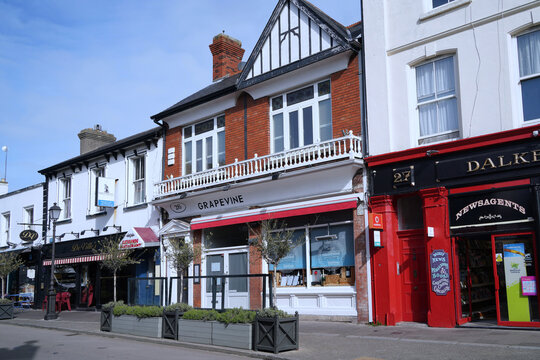 Ireland, small town main street with colorful old shops and restaurants