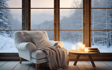Cozy chalet house interior, sofa and panoramic windows overlooking the winter landscape