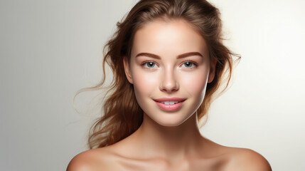 Naklejka premium portrait of a young beautiful European woman on a white background, face, girl, beauty, care, cosmetics, clear skin, smile, hair, style, spa, cosmetology, model, studio, advertising, person, lady