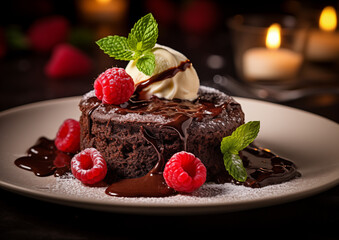 A sensual slice of molten chocolate cake, ready to be enjoyed, on a delicate lace tablecloth. 