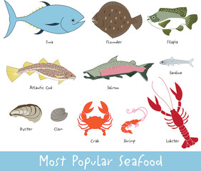 Popular types of seafood, vector art
