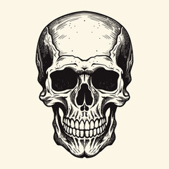 Vintage human skull vector on white background with hand drawn skull silhouette