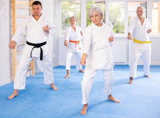 Elderly women and men in kimonos stand in a fighting stance during a group karate training session
