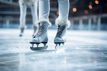 Ice skating on rink. Closeup of ice skates. Ice skating season.