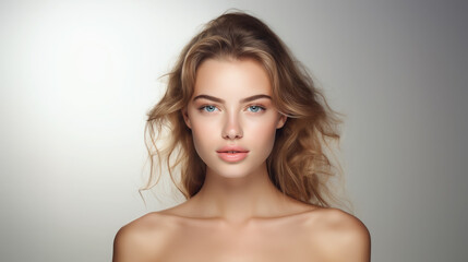 Fototapeta premium portrait of a young beautiful European woman on a white background, face, girl, beauty, care, cosmetics, clear skin, smile, hair, style, spa, cosmetology, model, studio, advertising, person, lady