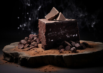 A rich, dark chocolate truffle cake slice on a black stone plate, with truffle shavings scattered around. 
