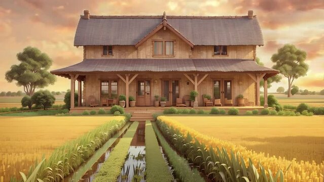 Imagine a charming farmhouse, its walls crafted from woven wood panels and its roof tiled with precision, standing tall amidst endless fields of golden rice.