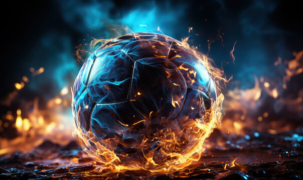 Burning soccer ball on a dark abstract background.