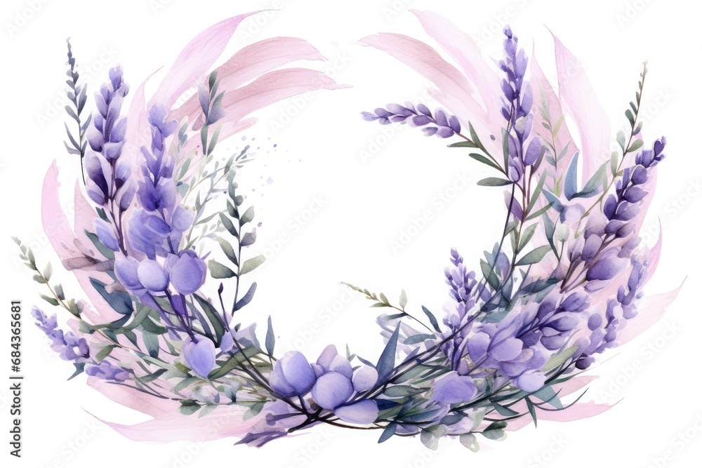 Poster lavender flower wreath in circle watercolor vector on white background with text space