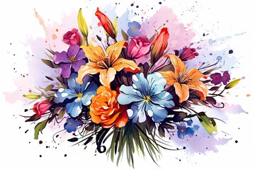 Watercolor beautiful multicolor flower bunch vector illustration in white background