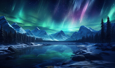 Colorful natural landscape with northern lights.