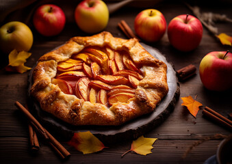 A rustic slice of apple galette, with a scattering of apple slices and fall leaves in the background.